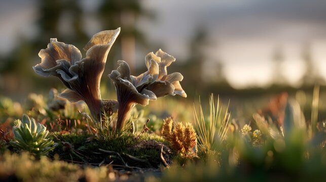 Artistic hyper-realistic rendering of Finland's Plain Earthtongue fungus Geoglossum umbratile with organic textures and dramatic lighting
