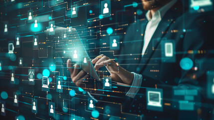 Document management system DMS and version control.Folder structure and classification system. File and folder icons. Businessman using laptop computer.