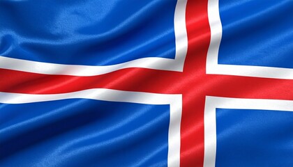 Icelandic flag with blue field and red Nordic cross outlined in white, waving in clear daylight sky.