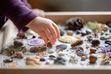 Creation Learning Guide concept. A child&rsquo;s hand explores a sensory tray filled with various natural items and textures.