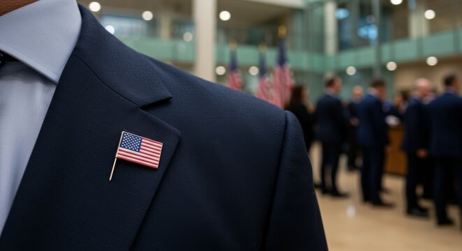 Close-up of a navy suit lapel with an American flag pin at political event