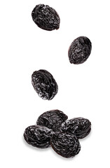 falling prunes isolated on transparent background.