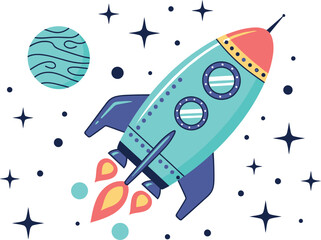 Naklejka premium Cartoon rocket ship flying in space with stars and planet vector illustration