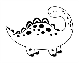 black and white brontosaurus dinosaur clipart, cute isolated cartoon character. Vector illustration