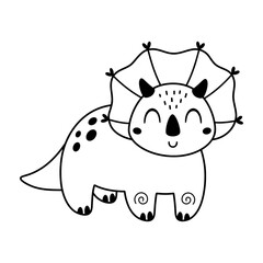 Dinosaur clipart, Cute triceratops isolated cartoon character in black and white hand drawn style.