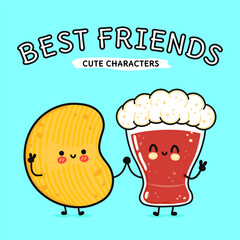 A cute cartoon of a potato chip and a beer holding hands, best friends.