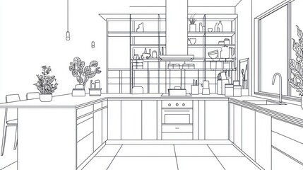 Interior sketch of a modern kitchen with plants and open shelving.