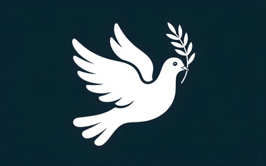 Fototapeta premium White Dove with Olive Branch Flying on Dark Blue Background peace