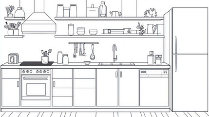 Fototapeta premium Line drawing of a modern kitchen interior.