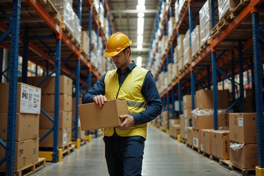 Warehouse worker inspecting package in a logistics center during the day
