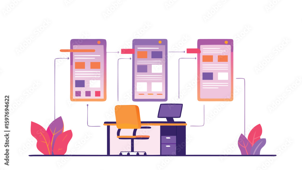 Poster three mobile screens connected above a desk with a chair and computer illustration design