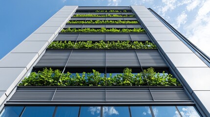 An intricate network of lush green foliage and thriving plants enveloping a modern building, showcasing biophilic design and the integration of nature for carbon sequestration