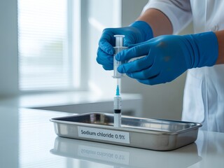 Photo of hands in gloves prepare a syringe with sodium chloride solution for injection
