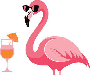 Pink flamingo cartoon with sunglasses and cocktail illustration