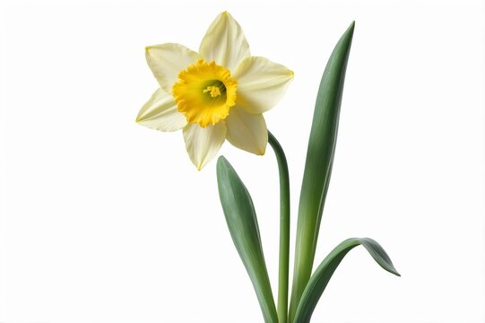 A pale yellow daffodil with a vibrant yellow center, two long green leaves, and a slender stem, is presented against a stark white background