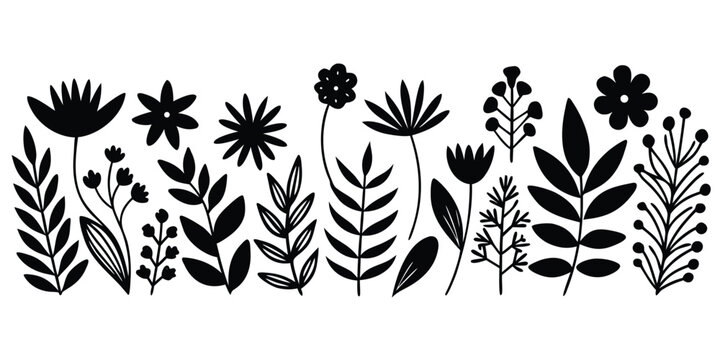 Collection of hand drawn botanical elements in a distinctive silhouette style