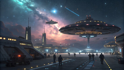 A futuristic cityscape under a starry sky features flying saucer architecture and a sense of wonder and advanced civilization.