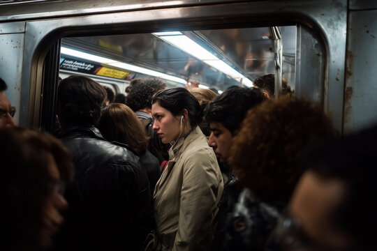 An overcrowded subway train screeched into an underground station. - Powered by Adobe