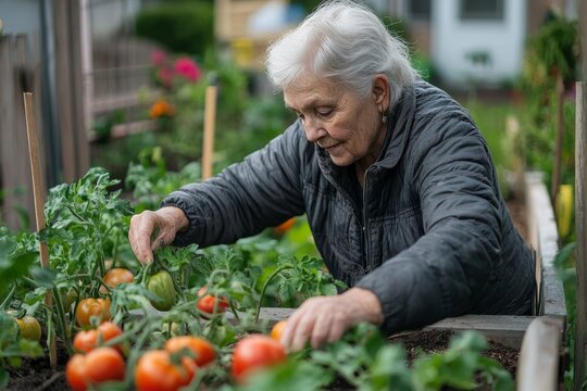 Senior woman tending to tomato plants in an urban garden, carefully watering tomatoes in raised beds within her apartment complex's community garden, promoting sustainability, Generative AI