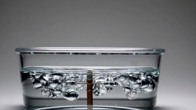 Electrolysis in water with bubbles forming around electrodes