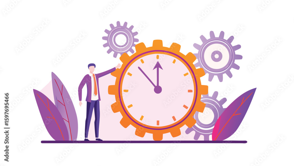 Aufkleber man in suit pointing to gear clock surrounded by gears and leaves on a white background design