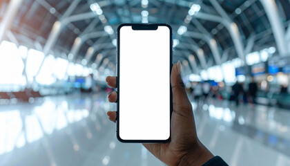 Smartphone with Blank Screen Held in Modern Airport Terminal