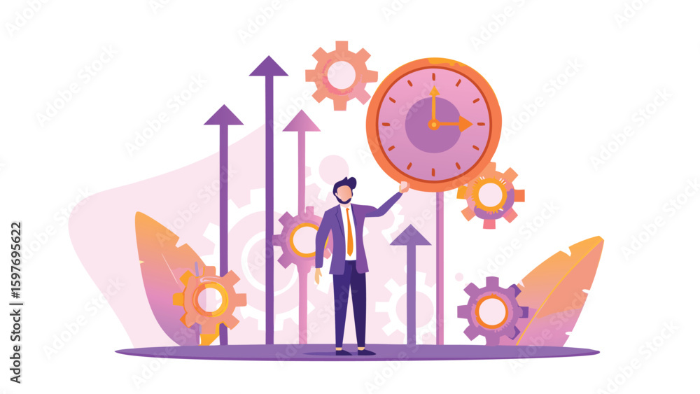 Poster man in suit with clock and gears illustration representing time management and productivity concept