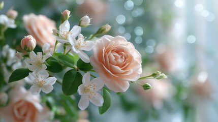 Blooming rose and jasmine flowers. natural perfume ingredients.