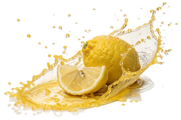 Fresh lemon splashing in juice with water droplets isolated on transparent background