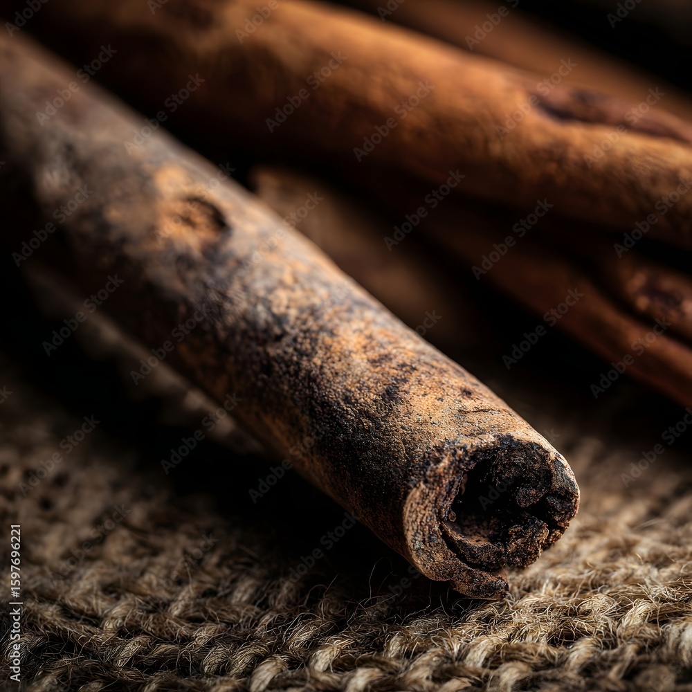 Poster close-up view of rustic cinnamon sticks on a burlap background, showcasing their texture and color