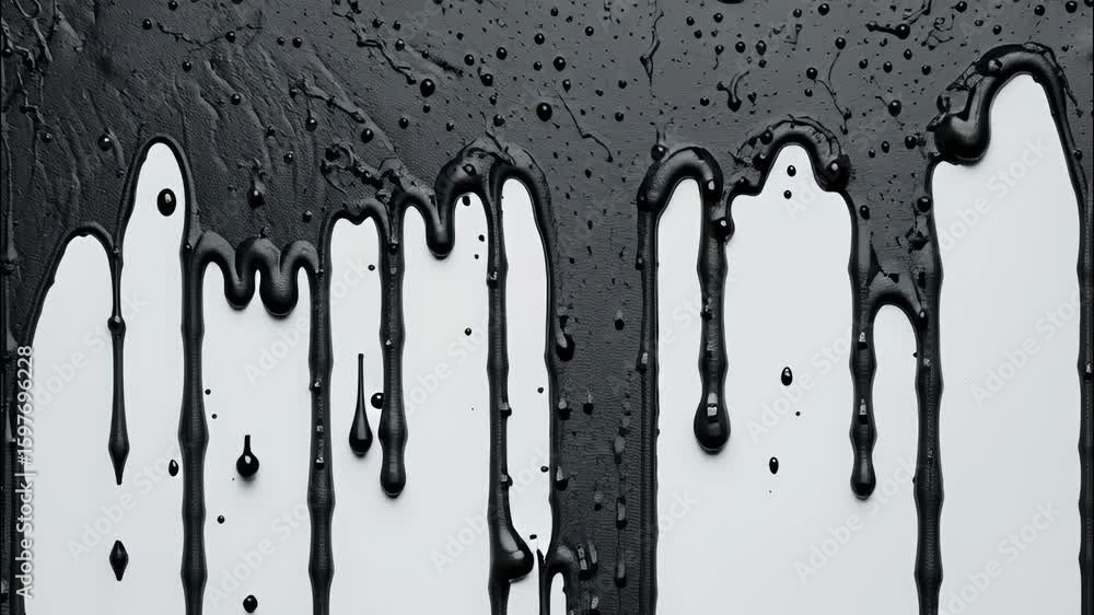 Poster thick black paint dripping creating a white wall, down an abstract pattern of flowing lines and drop