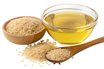 A wooden bowl filled with sesame seeds next to a glass of sesame oil and a wooden spoon with seeds isolated on transparent background