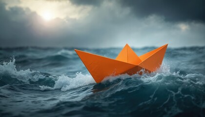 Orange paper boat navigates turbulent ocean waves under stormy skies. Sunlight breaks through clouds, illuminating fragile vessel battling rough seas. Hope, resilience, courage against adversity.