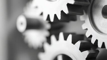 Abstract mechanical gears composition in monochrome tones, conceptual background with depth of field, 