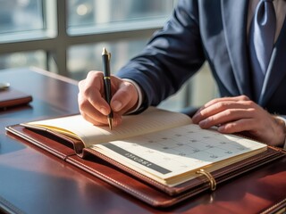 Photo of a businessman writes in a calendar to schedule appointments and manage his time