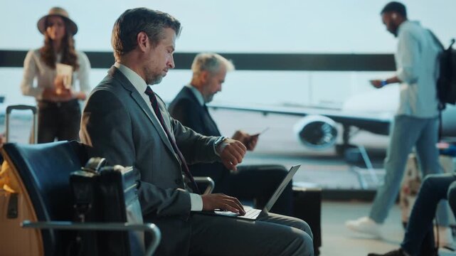 Professional businessman in formal suit working on laptop in busy airport departure lounge. Airplane visible through large window. Corporate travel, remote work, digital nomad lifestyle.