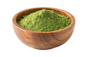 A wooden bowl filled with vibrant green matcha powder isolated on transparent background