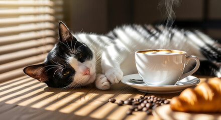 Tuxedo Cat Lounging at Coffee Shop