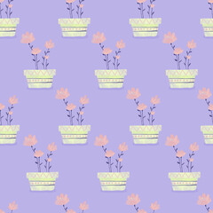 Cute potted flowers - Seamless Surface Pattern on Violet Background