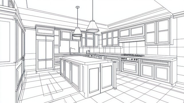 Architectural drawing of a modern kitchen design.