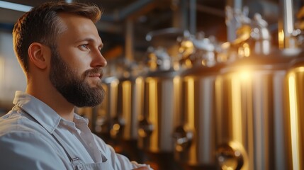 Craft brewer examining fermentation tanks in bustling brewery during evening hours