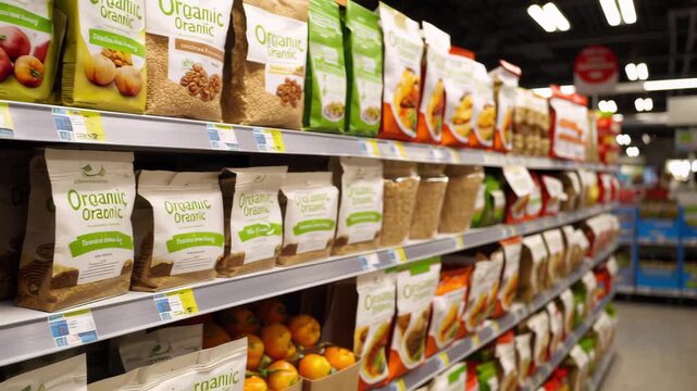 A grocery store aisle filled with colorful packaged organic snacks like dried fruits and nuts. The video showcases eco-conscious shopping and sustainable food options.