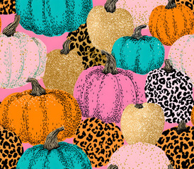 Colorful pumpkins and glittery leopard print patterns on a vibrant pink background in a bold, trendy Halloween design.