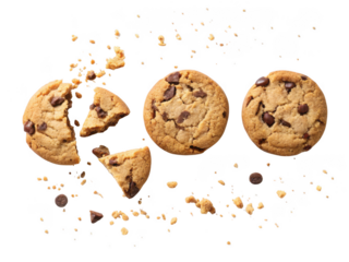 Delicious chocolate chip cookies breaking apart with crumbs scattered isolated on transparent background
