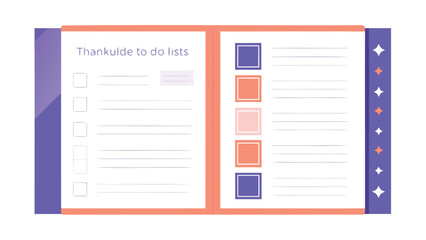 Open notebook with to do lists and colored square icons on the right side of the pages view flat