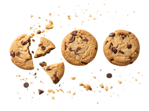 Delicious chocolate chip cookies breaking apart with crumbs scattered isolated on transparent background
