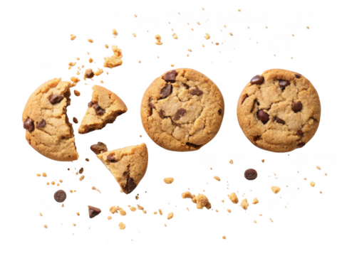 Delicious chocolate chip cookies breaking apart with crumbs scattered isolated on transparent background