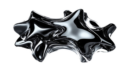 Title: Abstract Holographic Fluid Chrome Shapes with 3D Stars Isolated on White Background