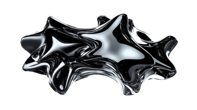 Title: Abstract Holographic Fluid Chrome Shapes with 3D Stars Isolated on White Background