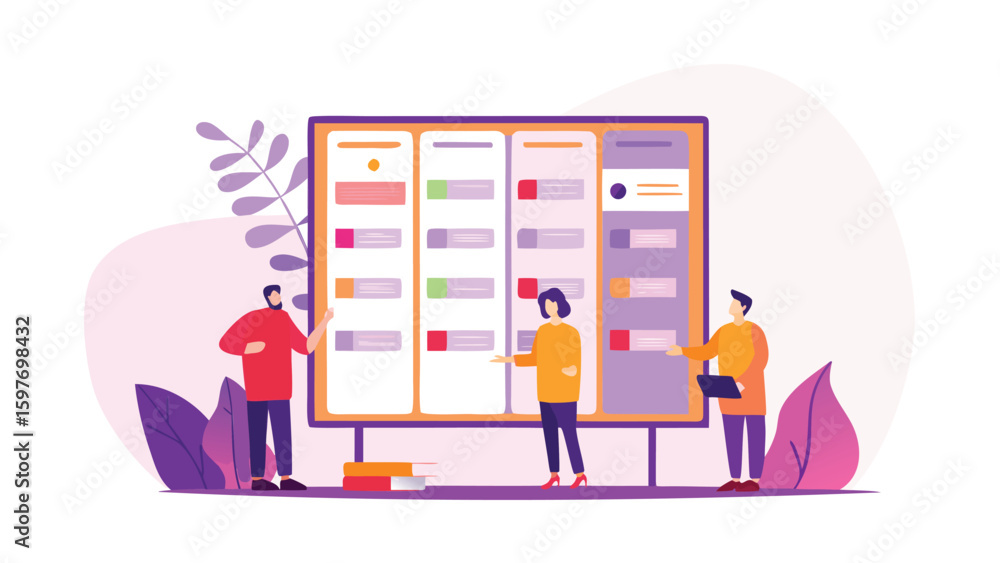 Aufkleber team collaboration with kanban board showing project management and workflow visualization in office
